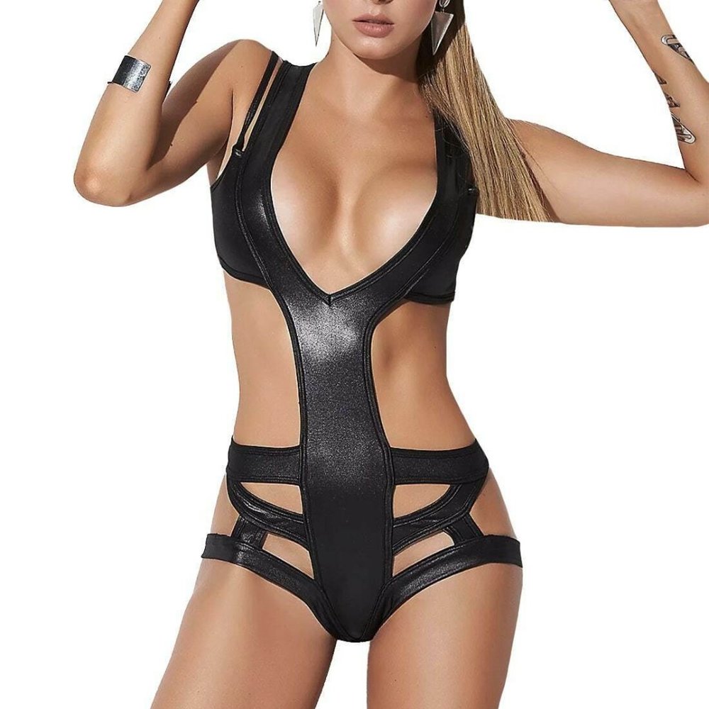 Black Leather Bondage Strappy Teddy Lingerie